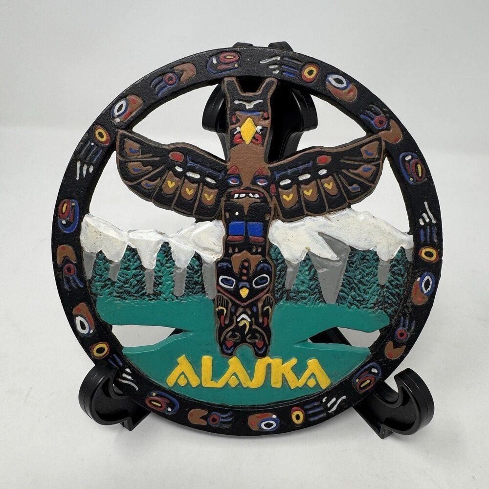 Vintage 1970s Alaska Cast Iron Trivet Totem Pole Souvenir Bright Colors Native